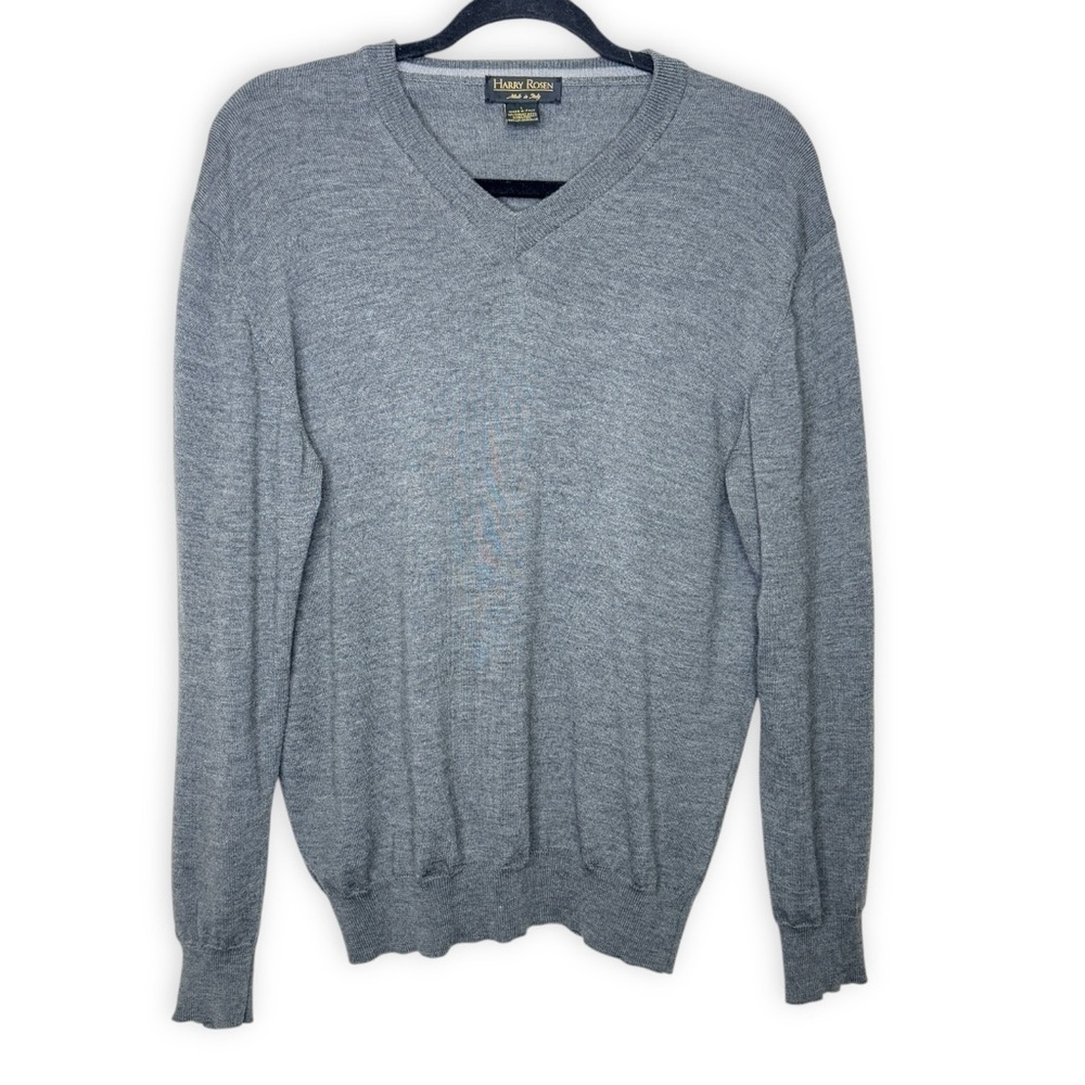 Vintage Harry Rosen L Extra Fine Italian Merino Wool Men's Gray V-Neck Sweater